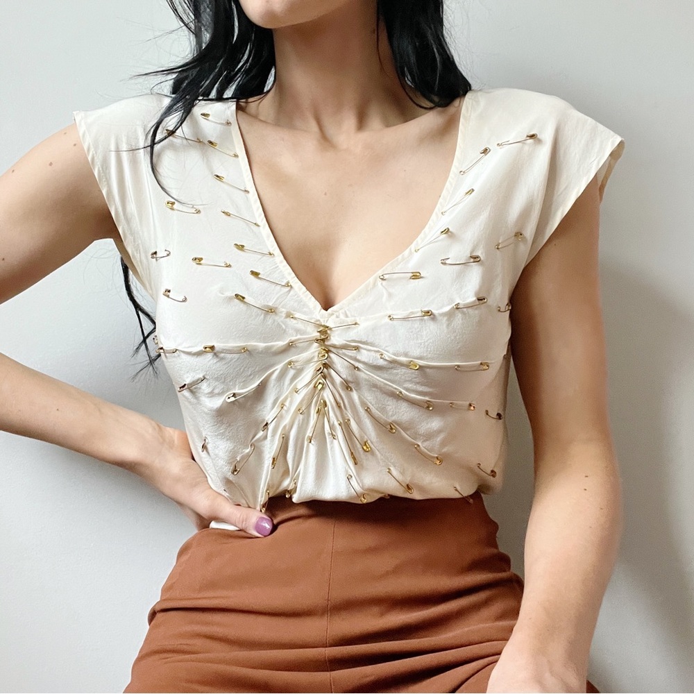 MOSCHINO Silk Safety Pin Creme V-Neck Top